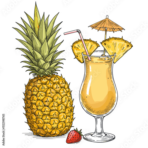 Pineapple and cocktail with umbrella and fruit on a white background  
