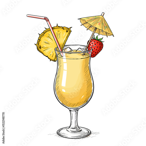 Colorful cocktail with pineapple and strawberry garnishes in glass  