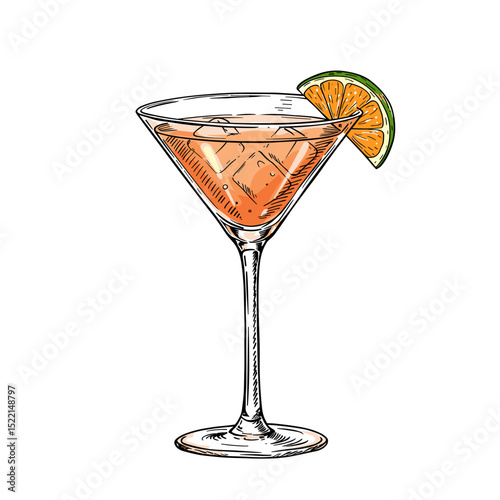 Hand-drawn cocktail glass with orange slice and ice cubes  
