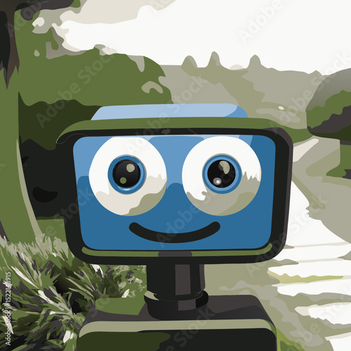 Cartoon robot with a smiling face in a nature setting