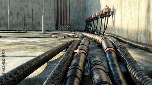 Multiple black conduits and red banded pipes installed indoors along a wall photo