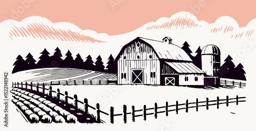 Farm scene illustration: barn, silo, farmland, fence