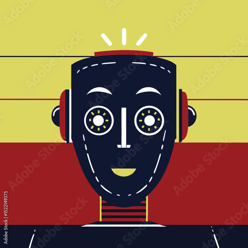 Illustration of a robot head with yellow and red accents