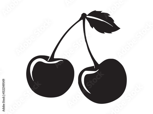Elegant Cherry Silhouette Pair with Stem and Leaf - Fruit Icon