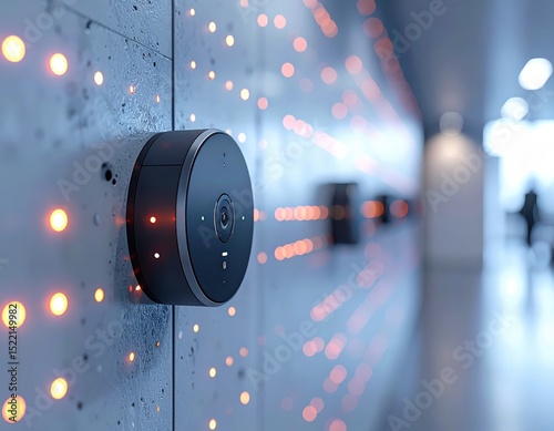 Close-Up of Smart Sensor System in Action Against Open Wall with Soft Blur and Glowing Dots