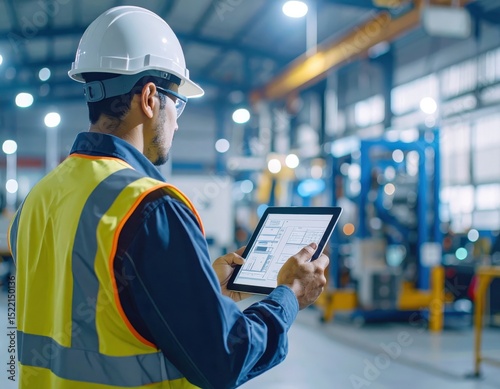 Engineer Using Tablet to Monitor Data from Machine in Warehouse Environment