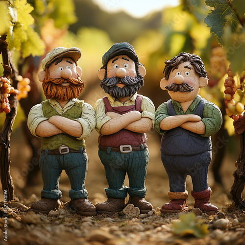 Three men with beards and mustaches stand in a vineyard. They are wearing overalls and hats