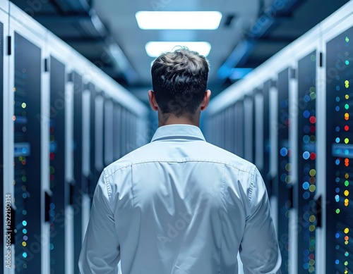 Technician Walking Along Server Racks in Data Center with Blurred Background and Narrow Depth of Field