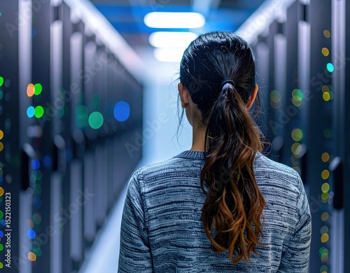 Technician Walking Along Server Racks in Data Center with Blurred Background in Narrow Depth of Field
