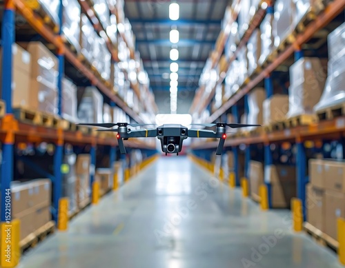 Drone Hovering Mid-Air in Spacious Warehouse Aisle Surrounded by Stacked Boxes