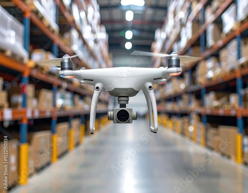 Drone Hovering in a Spacious Warehouse Captured with Motion Blur Between Shelves
