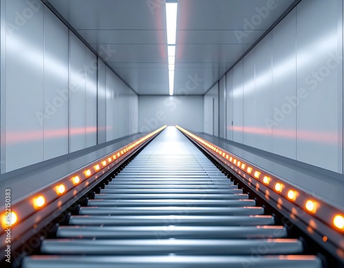 Wide Shot of Automated Conveyor Belt in Motion with Glowing Indicator Lights in Neutral Setting