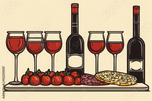 A still-life composition features an array of wine bottles and glasses, complemented by fresh fruit and gourmet snacks. Beautiful arrangement of wine, cheese, and grapes creates perfect setting.