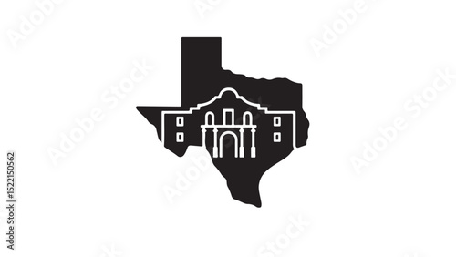 Alamo building combined with map of Texas in silhouette form