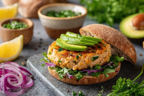 Freshly Grilled Salmon Burger with Avocado and Herb Garnish