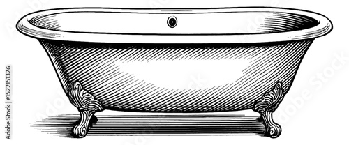 Vintage Bathtub Illustration in Detailed Engraved Style, Isolated on White Background