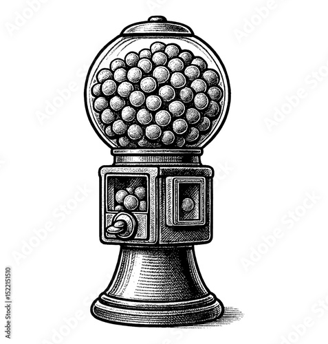 Detailed Engraved Illustration of a Gumball Machine Dispenser with Full of Gumballs