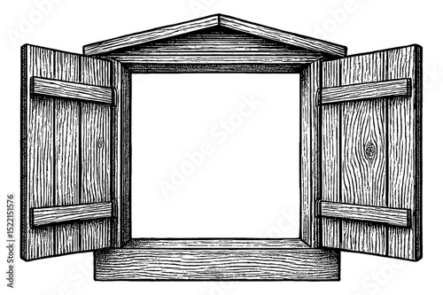 Open Wooden Window Frame with Shutters Engraved in Black and White Detail