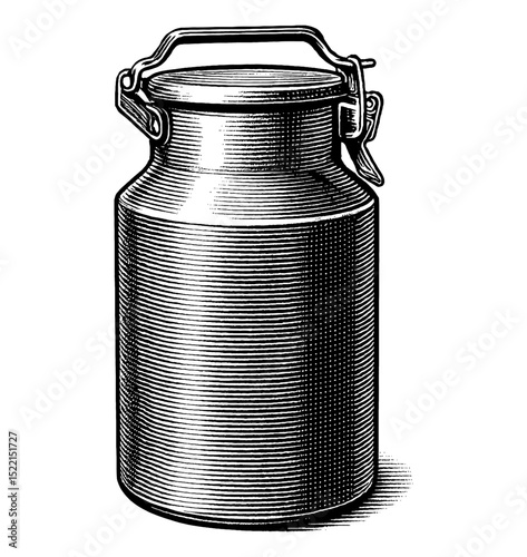 Illustration of a Classic Milk Can in Detailed Engraved Black and White Style