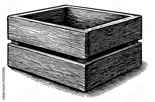 A Stacked Pair of Empty Wooden Boxes with Visible Wood Grain in Engraving Style