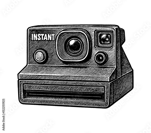 Detailed Engraved Illustration of an Instant Camera in Black and White