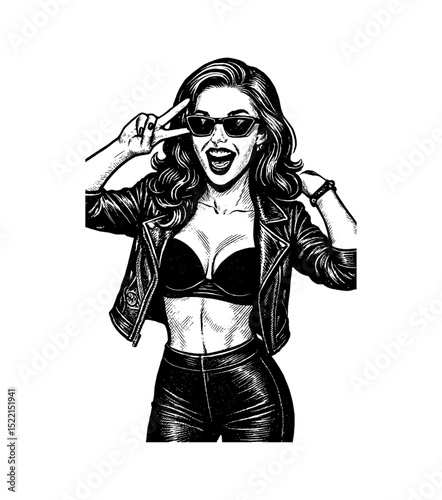 Woman in leather jacket and sunglasses making peace sign, happy expression in engraved art