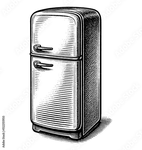 Vintage Refrigerator Isolated on White Background in Detailed Engraving Style Black and White