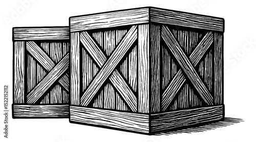 Two wooden crates or boxes, isolated on white background in detailed monochrome illustration