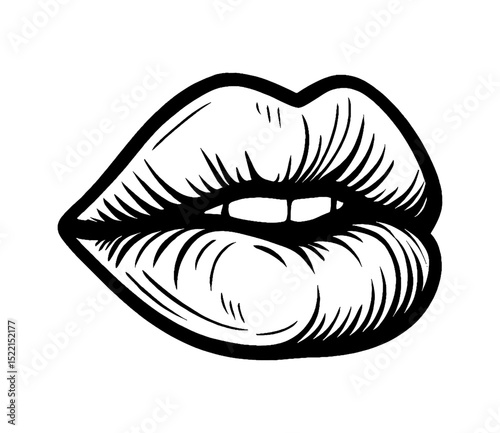 Illustration of Lips with Black Outline on White Background, Graphic Style
