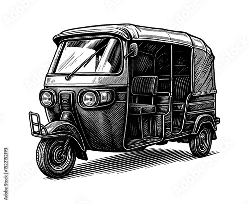 Detailed Engraved Illustration of a Tuk Tuk Auto Rickshaw in Black and White