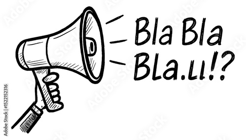 Hand Holding Megaphone Saying Bla Bla in Illustration Style on White Background
