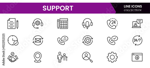 Clean vector web line icons illustrating customer support, helpdesk, communication, technical assistance, and reliable service solutions for users.