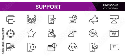 Clean vector web line icons illustrating customer support, helpdesk, communication, technical assistance, and reliable service solutions for users.