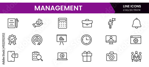 Streamlined vector web line icons showcasing management concepts, leadership, teamwork, organization, strategy, and efficient business operations.