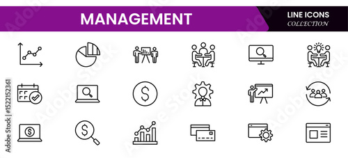 Streamlined vector web line icons showcasing management concepts, leadership, teamwork, organization, strategy, and efficient business operations.