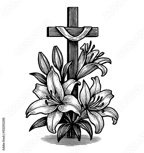 Engraved Cross and Lilies Flower in Black and White Illustration for Funeral or Memorial Services