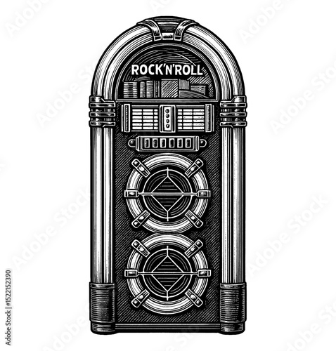 Detailed Engraving Style Illustration of a Rock and Roll Jukebox with Speakers