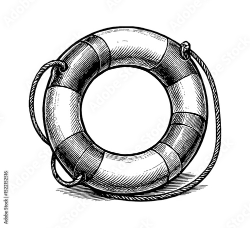 Detailed Engraved Illustration of a Lifebuoy with Rope on White Background
