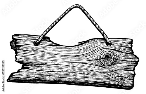 Wood Sign Hanging with Rope Detailed Black and White Engraving Line Art, Wooden Plank