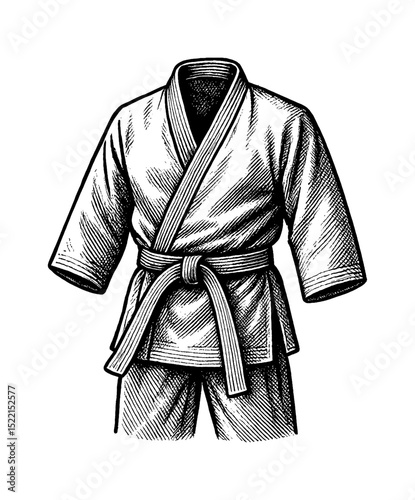 Detailed Engraving Style Illustration of Karate Gi Uniform with Belt