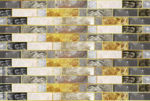 Fototapeta Naklejka Na Ścianę i Meble -  Modern wall decor wallpaper. 3d abstract bricks, golden lines and marble and wooden and brown shapes.