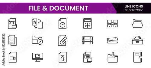 Minimalist vector web line icons representing file management, documents, organization, digital storage, and efficient data handling processes.