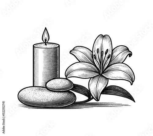 Elegant Engraved Illustration of a Candle, Stones, and Lily Flower in Black and White
