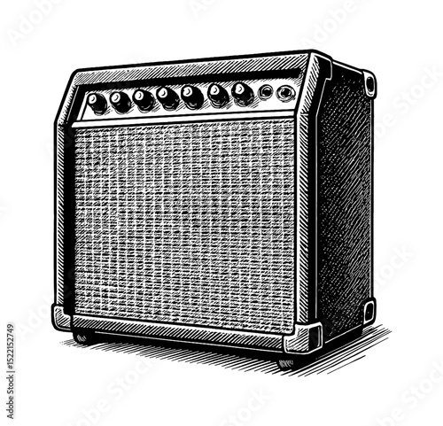 Illustration of Vintage Amplifier in Detailed Black and White Hatch Style Drawing