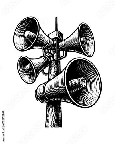 Tower of multiple loudspeakers for communication in black and white engraved style drawing.