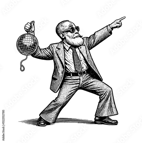 Bearded Man in Suit Holding Disco Ball and Pointing Finger in Vintage Style Illustration