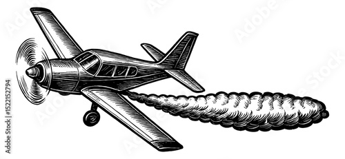 Vintage Style Engraved Airplane with Smoke Trail Flying in the Sky Black and White