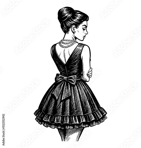 Elegant Woman in Dress with Bow, Looking Over Shoulder in Engraved Black and White Illustration