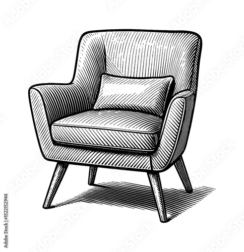 Isolated Engraved Style Illustration of an Armchair with a Pillow on White