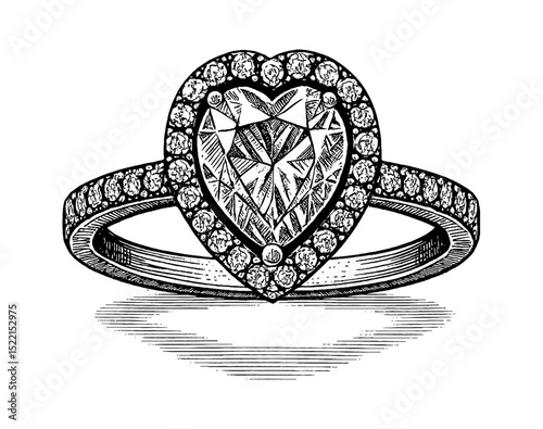 Detailed Engraved Drawing of a Heart Shaped Diamond Ring with Gemstones on White Background